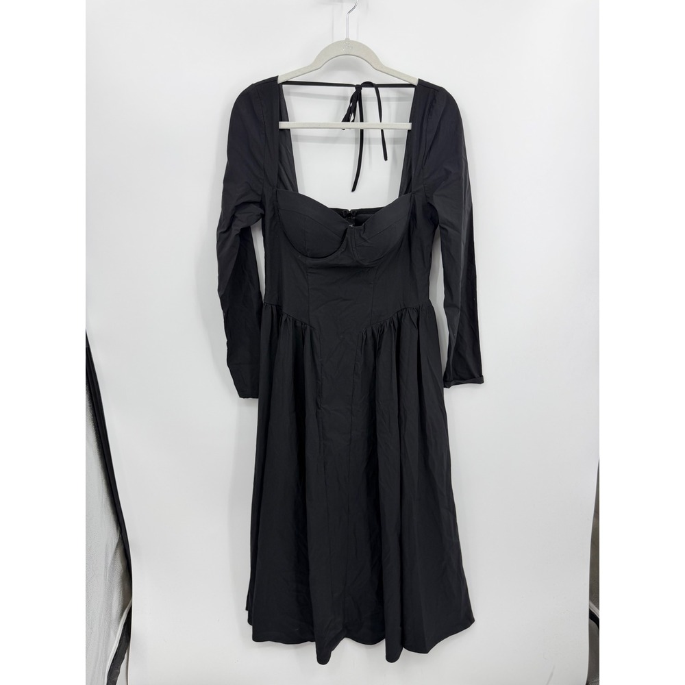 Martheaโ Bustier Midi Dress Womens L Black Long Sleeve Sweetheart Tie Back